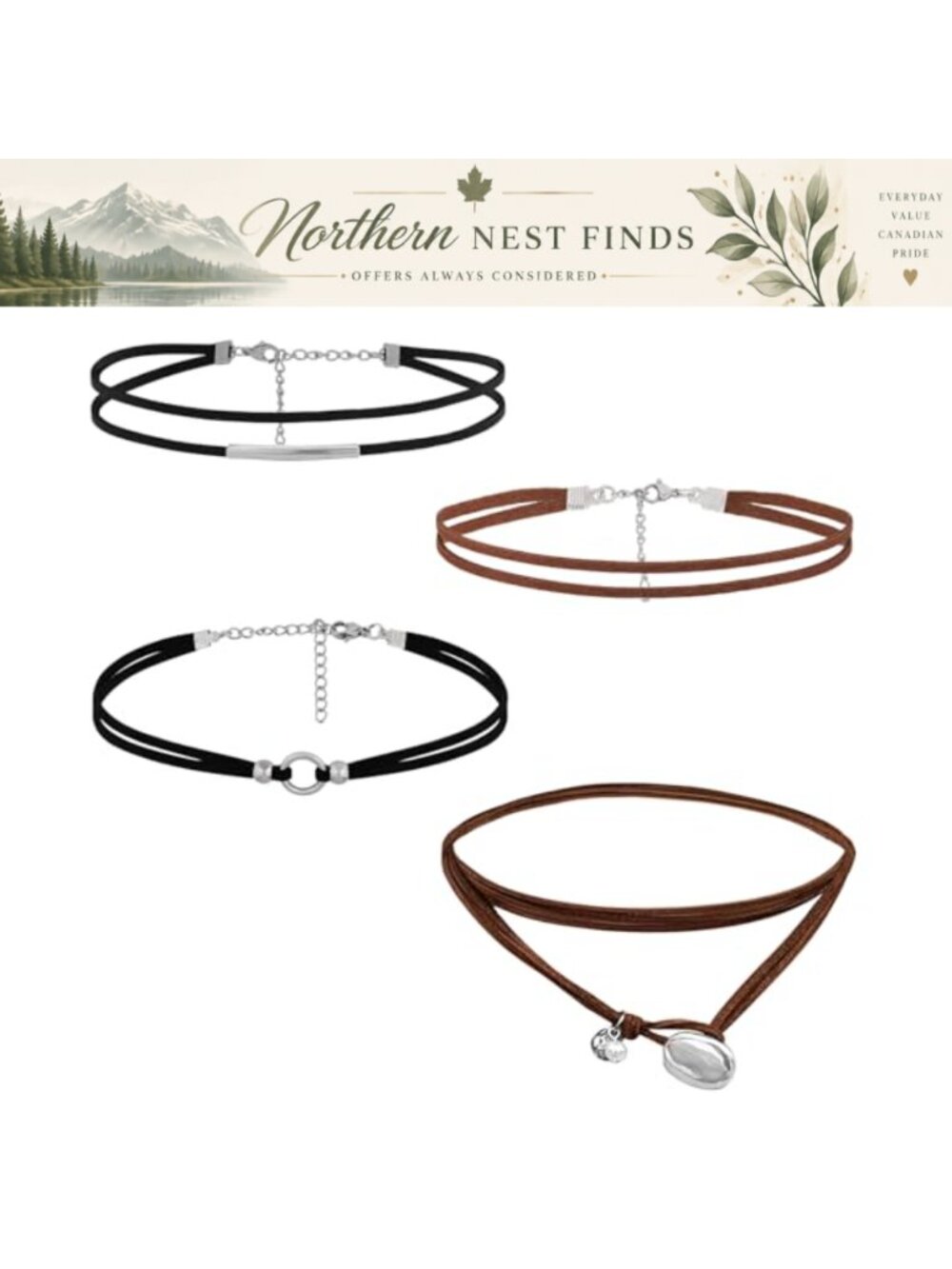 4 Pc Leather Suede Choker Necklace Set Gothic Layered Adjustable